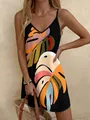 Summer V-neck camisole dress with vibrant tropical leaf print for beach vacation - S / Top And Bottom / Big Leaf-Black