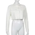 Front view of a white long-sleeved cropped PU leather jacket displayed on a mannequin - S / Tops / White