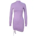 Elegant high neck purple long sleeve ruched drawstring mini dress for women's fashion. - L / Top And Bottom / Purple