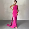 Elegant magenta one-shoulder evening gown with long sash and floor-length silhouette. - S / Rose Red