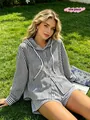 Casual black and white striped hooded beach cover-up shirt with buttons on grass - S / Tops / Black