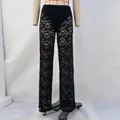 Elegant sexy black floral lace high-waisted sheer straight-leg trousers for women - S / Bottoms / Black