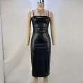 Sexy black PU faux leather bodycon midi dress shown on a professional dress form mannequin. - S / Tops / Black