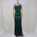 Front view of elegant emerald green satin maxi dress with pleated bodice details - S / Top And Bottom / Green
