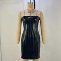 Detail view of a shiny black bandeau dress with holographic reflections on a tailor mannequin. - S / Tops / Black