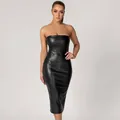 Close-up view of a sexy black strapless PU leather midi dress with back slit detail - S / Black