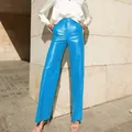 Vibrant blue PU leather straight leg trousers for women in a street style shot - S / Bottoms / Lake Blue