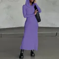 Detailed view of the purple hooded slim fit maxi dress with elegant side slit - S / Top And Bottom / Purple