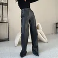 Chic high waisted black PU leather straight leg trousers for women casual autumn fashion - S / Bottoms / Black