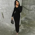 Slim fit black hooded maxi bodycon dress with long sleeves in industrial setting - S / Top And Bottom / Black