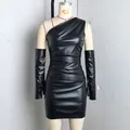 Close-up detail of black one-shoulder PU leather bodycon dress with matching arm sleeves - S / Top And Bottom / Black