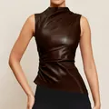 Detail view of a stylish brown sleeveless leather top featuring a high neck and ruched waist - Dark Brown