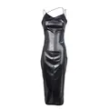 Sexy black PU leather bodycon midi dress with thin straps and slimming waistline - S / Full-Length / Black