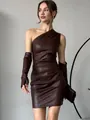 Stylish dark brown PU leather one-shoulder bodycon dress with matching long arm sleeves. - S / Top And Bottom / Coffee