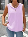 Close-up of elegant lavender V-neck tank top featuring button detail and pleated fabric - S / Tops / Light Purple
