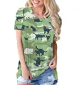 Detalle de camiseta mujer con estampado de gato camuflaje verde - S / Tops / Verde