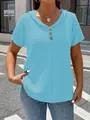 Detail view of women's blue V-neck t-shirt featuring textured fabric and button trim - Sky Blue