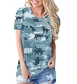 Vista detallada de la camiseta holgada de mujer con cuello redondo y estampado de gato - Azul claro