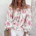 Detailed view of pink floral print on off-the-shoulder chiffon blouse for women - S / Tops / White