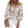 Close-up detail of off-the-shoulder floral chiffon blouse with elegant ruffled sleeves. - S / Tops / Apricot