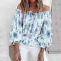 Elegant off-the-shoulder floral chiffon blouse with loose long sleeves and ruffles - S / Tops / Blue