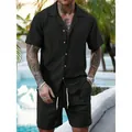 Nahaufnahme von schwarzem, strukturiertem Sommer-Zweiteiler aus Hemd und Shorts - S / Oberteil Und Unterteil / Schwarz