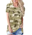Camiseta informal de mujer con cuello redondo y estampado de camuflaje de gatos - S / Tops / Caqui