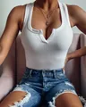 Detail of a sexy white ribbed notch-neck tank top for summer, showcasing soft texture - S / Tops / White
