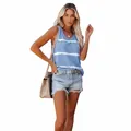 Fashionable women's summer loose sleeveless tank top featuring blue and white stripes - Blue