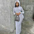Elegant slim fit hooded long sleeve solid grey maxi dress for a sophisticated lady's look - S / Long Sleeve (Bottom) / Gray