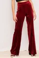 Detail view of high-waisted burgundy velvet wide-leg trousers with soft texture for women - S / Bottoms / Red