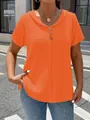 Detail showing orange V-neck short sleeve t-shirt with crinkle fabric and button trim - Orange Red