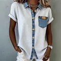 Retro Amerikaans shirt met korte mouwen, contrasterende denim kraag en zakdetail - S / Tops / Lichtgrijs