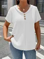 Detailed view of white textured V-neck t-shirt with decorative buttons for women. - S / Tops / White