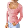Elegante roze geribbelde top met lange mouwen en vierkante hals voor dames mode stijl - S / Tops / Roze