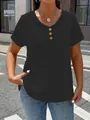 Detail of women's black V-neck t-shirt with wooden buttons and textured fabric. - S / Tops / Black