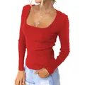 Rode nauwsluitende gebreide damestop met vierkante hals en lange mouwen in ribgebreid - S / Tops / Rood