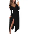 Elegant black V-neck long sleeve maxi dress with high leg slit and cutout shoulders - S / Bottoms / Black