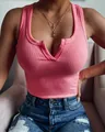 Slim fit sexy pink rib-knit sleeveless tank top with split V-neck for summer casual wear - S / Tops / Pink