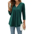 Detailed macro view of dark green V-neck pleated top featuring 3/4 sleeves and a button - Dark Green