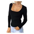 Klassieke zwarte top met vierkante hals en lange mouwen in geribde gebreide stof voor dames - S / Tops / Zwart