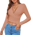 Detailed view of women's sexy slim fit V-neck ribbed knit long sleeve peach crop top - S / Tops / Foggy Pink