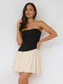 Elegant black and beige spliced pleated tube top mini dress featuring a French style design - S / Bottoms / Apricot