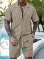 Herren Sommer Freizeit-Set mit kurzärmeligem Hemd und Kordelzug-Shorts in Beigeton - Khaki