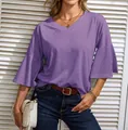 Detailed view of a casual purple V-neck T-shirt with stylish bell sleeves for women - Purple