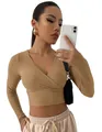 Crop top élégant à manches longues et col en V en maille côtelée pour femme, couleur camel - Kaki