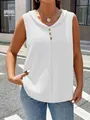 Detailed view of the textured white sleeveless V-neck tank top with buttons. - S / Tops / White