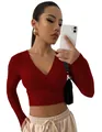 Top corto sexy de manga larga de punto acanalado en color burdeos con cuello en V, mujer - S / Tops / Burdeos