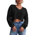 Pull court en maille noire pour femme avec col en V et texture côtelée élégante - Noir