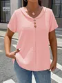 Women's casual pink textured V-neck short sleeve T-shirt with decorative wooden buttons. - S / Tops / Pink